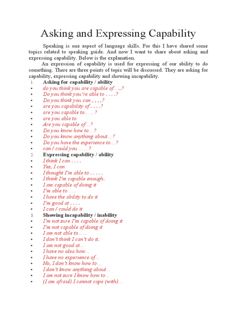 Asking and Expressing Capability | PDF | Cognition