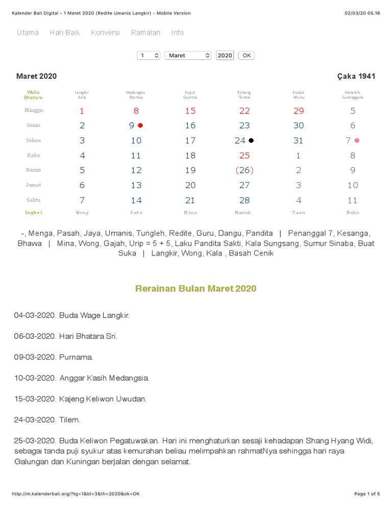 Kalender Bali Digital 1 Maret 2020 (Redite Umanis Langkir) Mobile