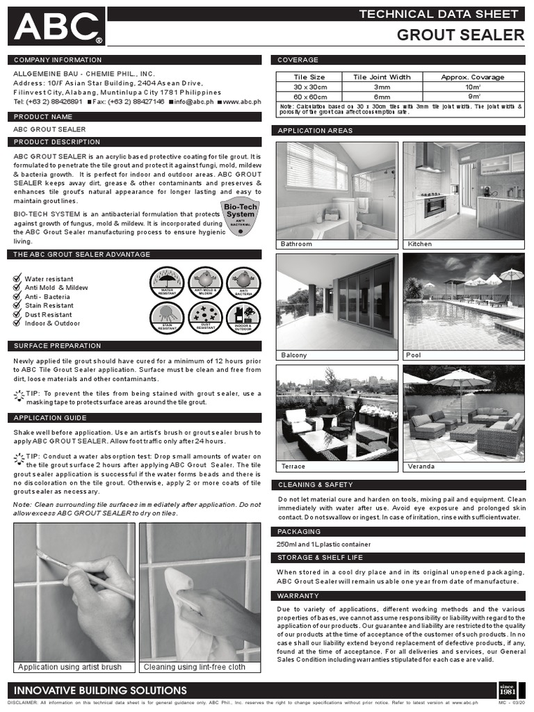 ABC Grout Sealer Technical Data Sheet 2020 PDF Tile Product Liability