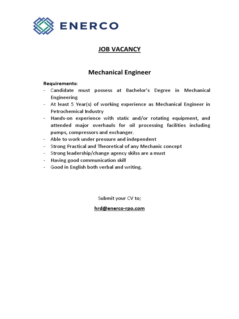 Mechanical Engineer Job Vacancy at Enerco | PDF