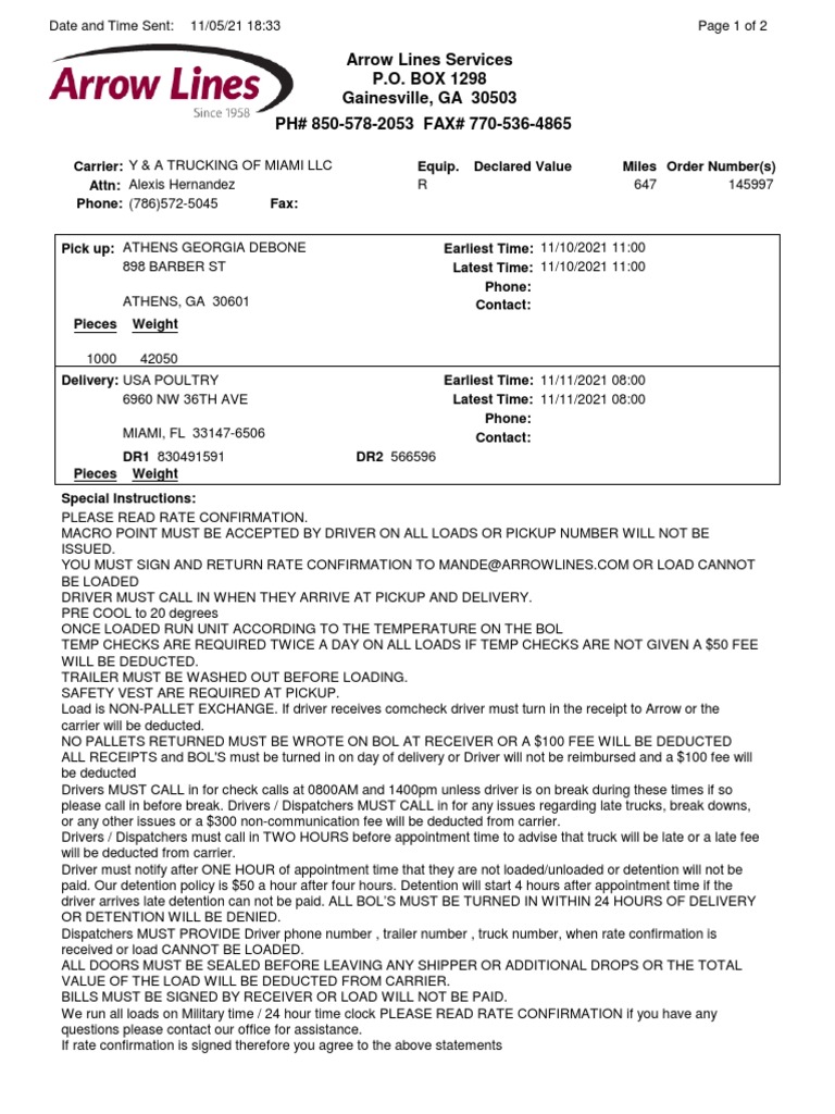Rate Confirmation for Y & A Trucking | PDF | Cargo | Bill Of Lading