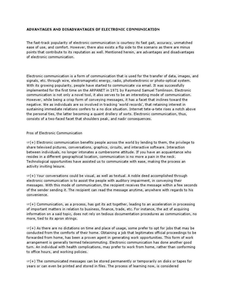 Advantages and Disadvantages of Electronic Communication PDF