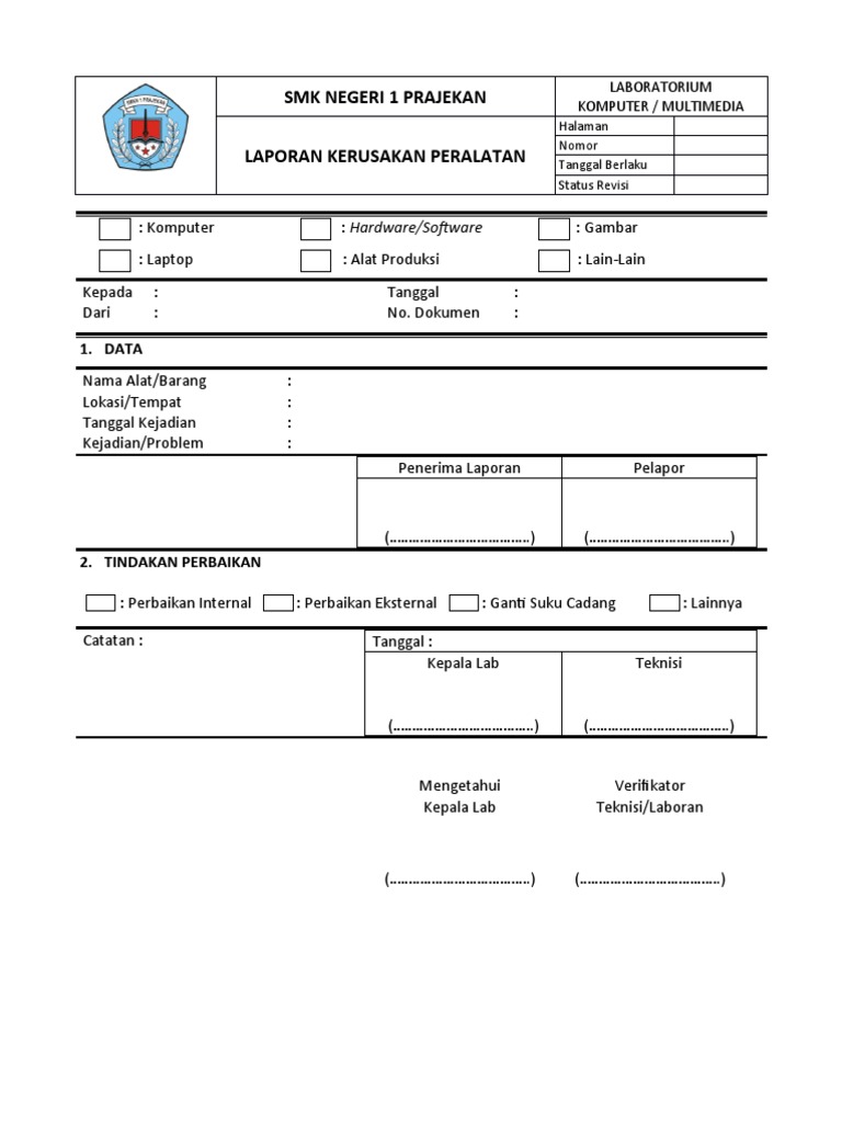 Formulir Laporan Kerusakan Peralatan Pdf