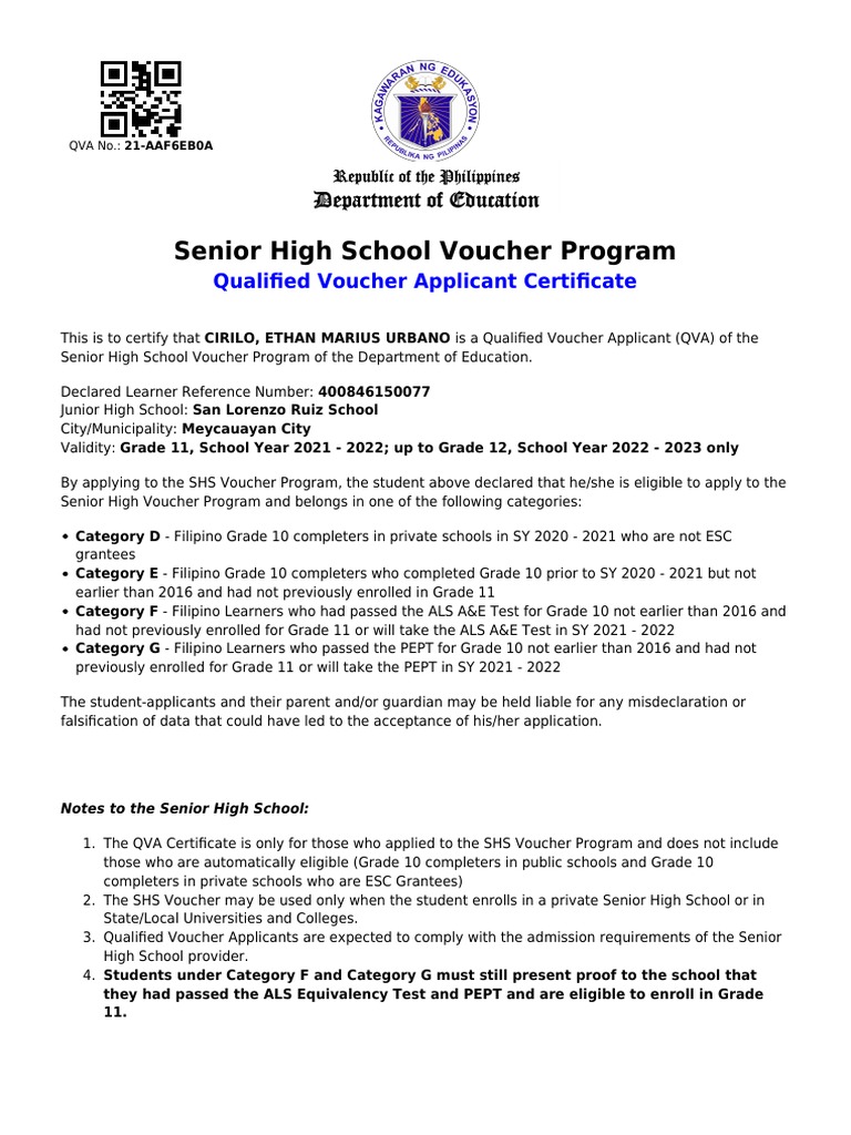 Senior High School Voucher Program Qualified Voucher Applicant