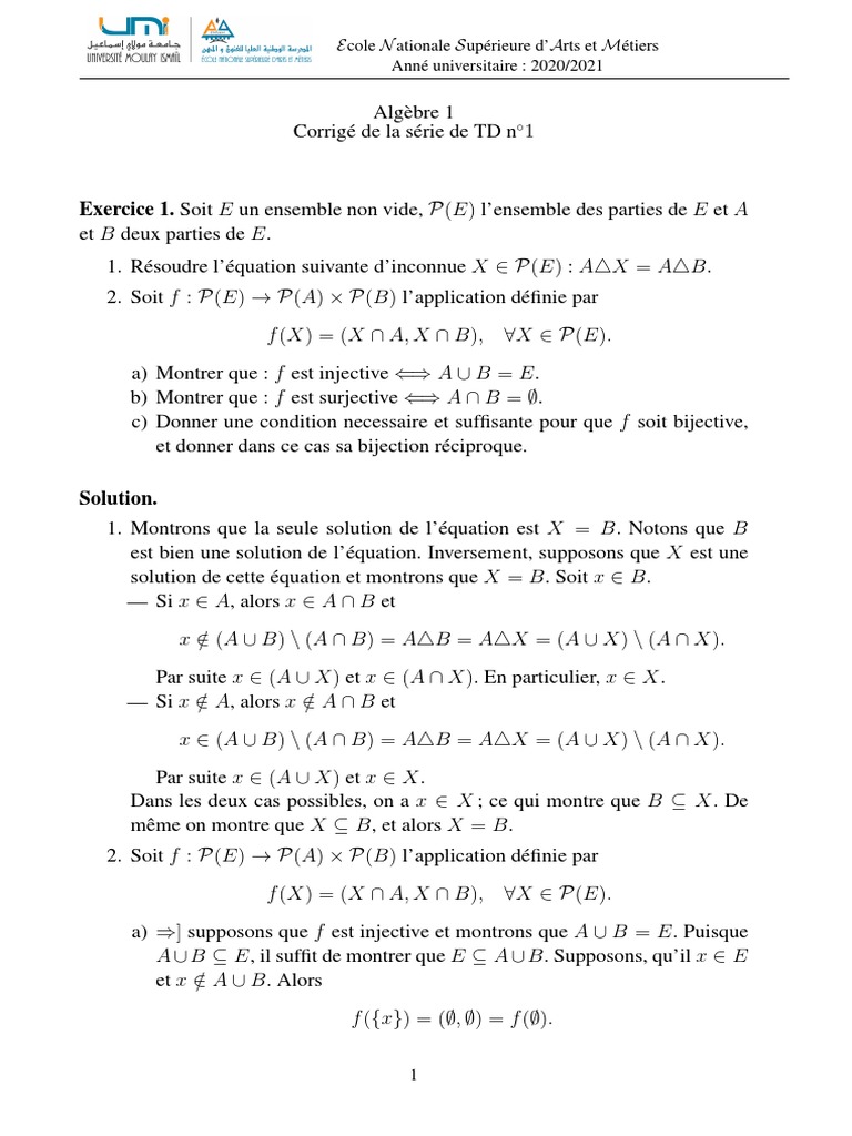 Corrigé TD Algèbre 1 - Exercice 1 | PDF | Ensemble vide ...