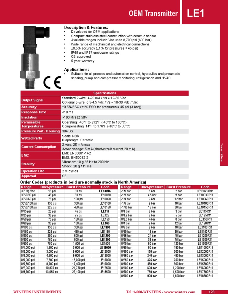 Compact OEM Pressure Transmitter with Ceramic Sensor Specifications