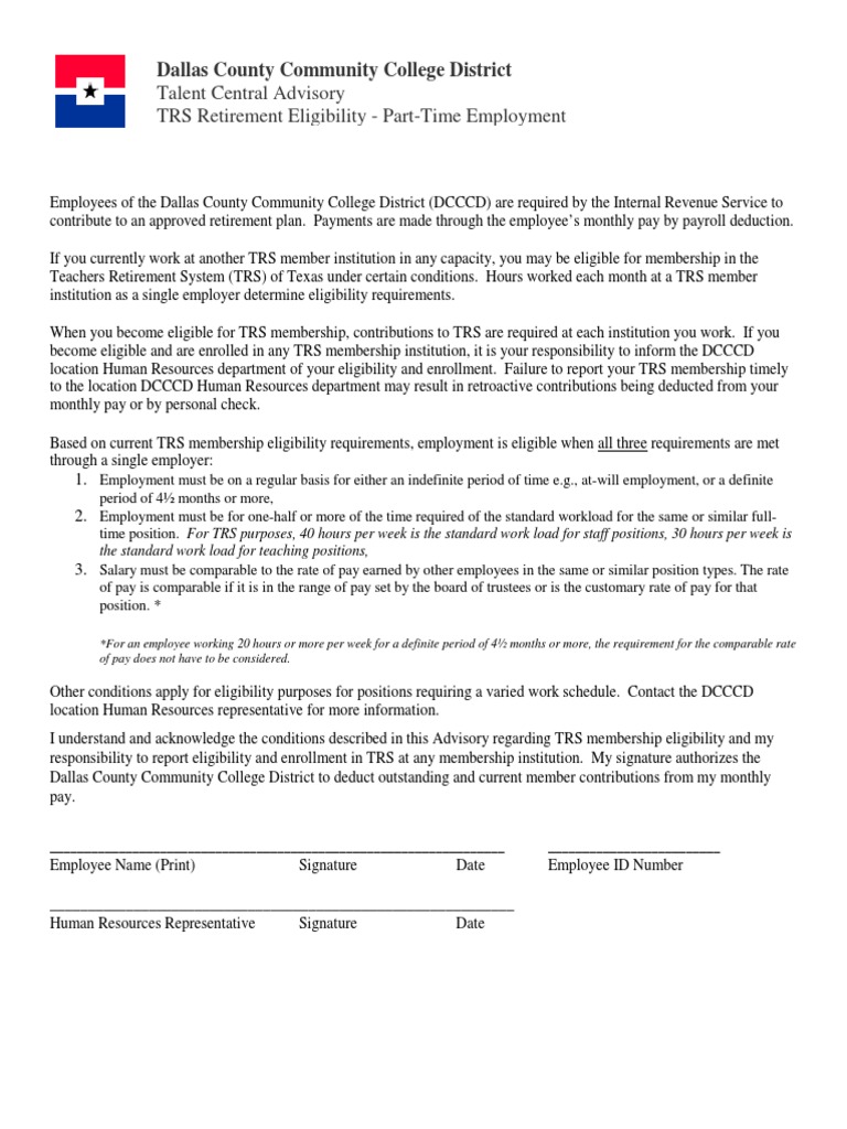 Talent Central Advisory TRS Retirement Eligibility PartTime