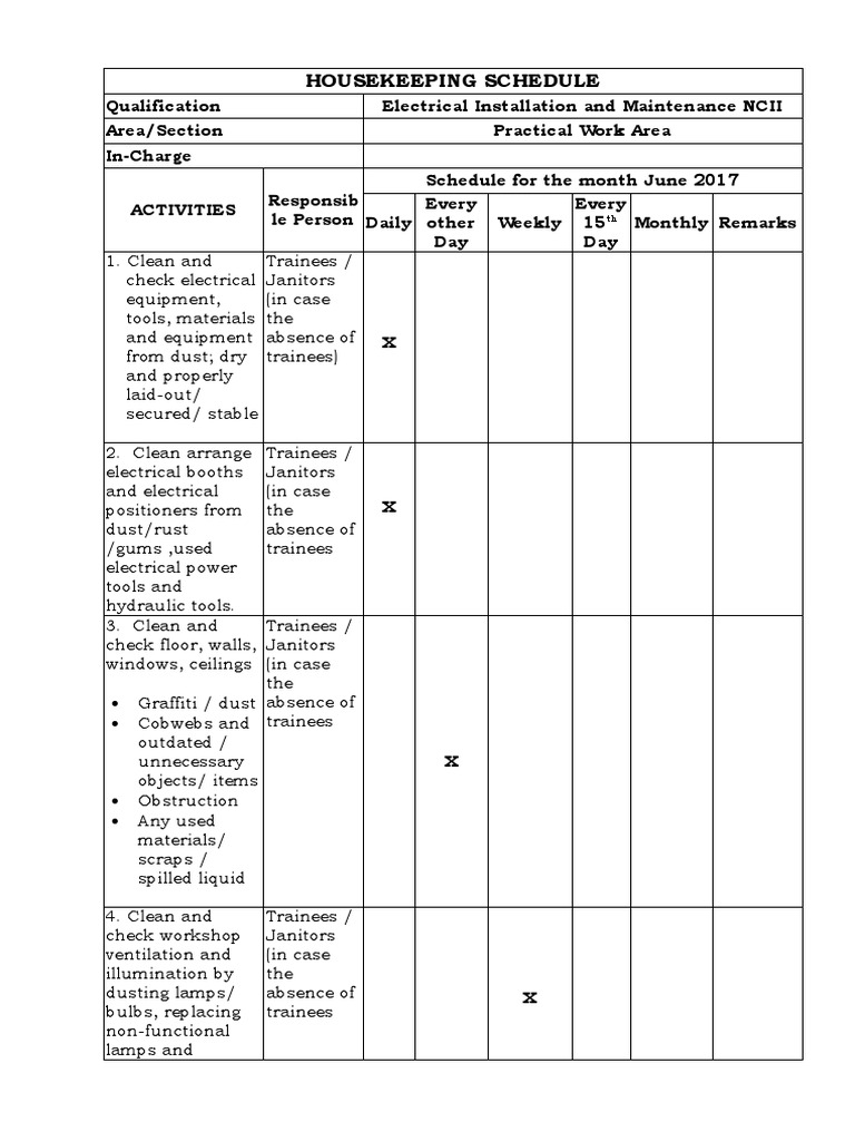 1 Housekeeping Schedule PDF Equipment Manufactured Goods