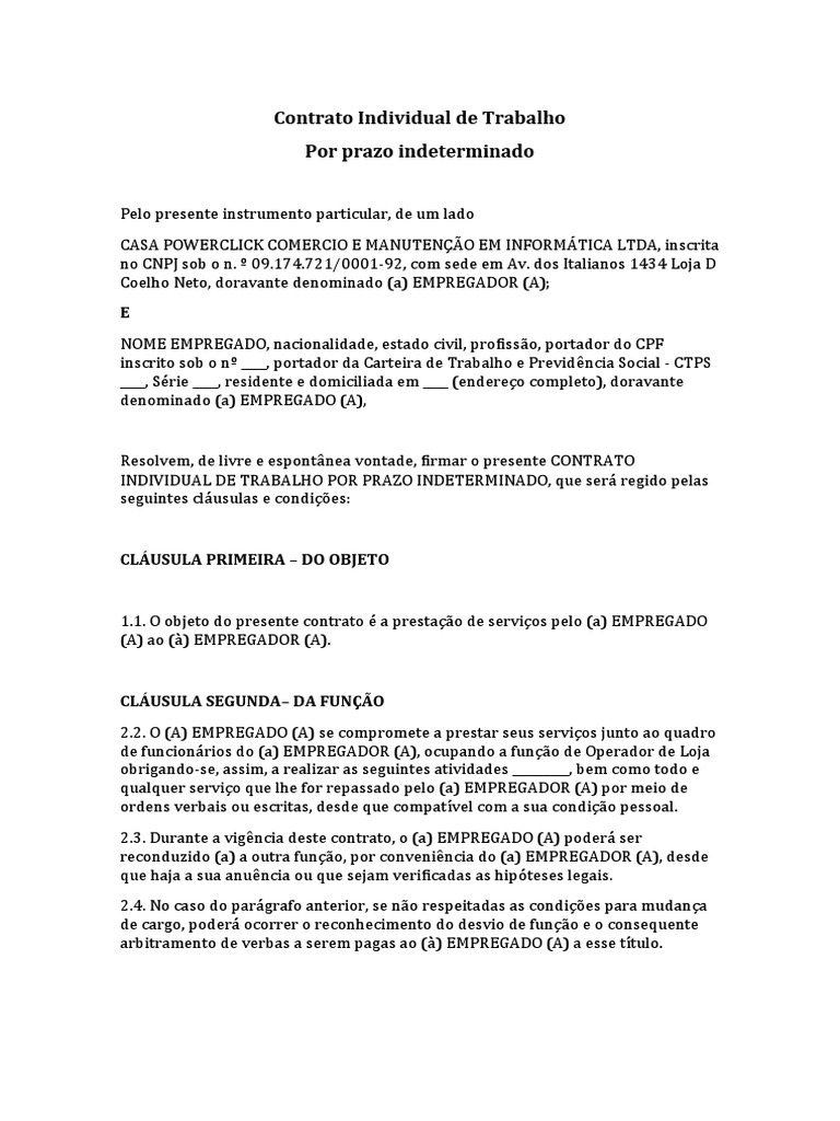 Contrato de trabalho modelo