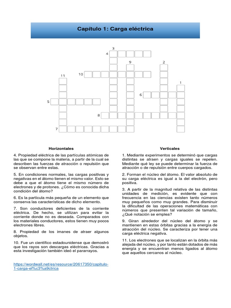 Crucigrama Capitulo 1 Descargar gratis PDF Carga eléctrica Electrón
