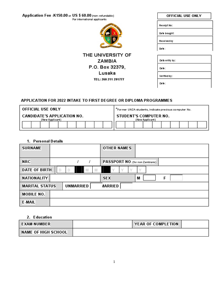 UNZA Undergraduate Application Form For 2022 | PDF | University And