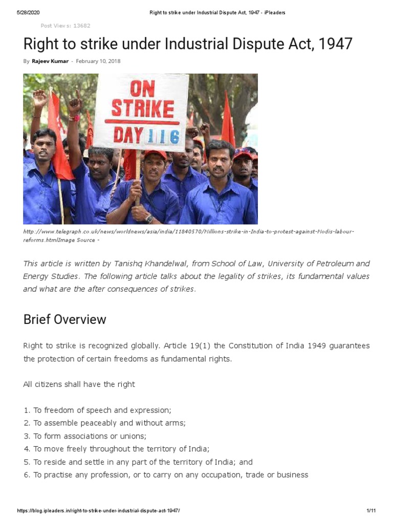 Right To Strike Under Industrial Dispute Act, 1947: Brief Overview ...