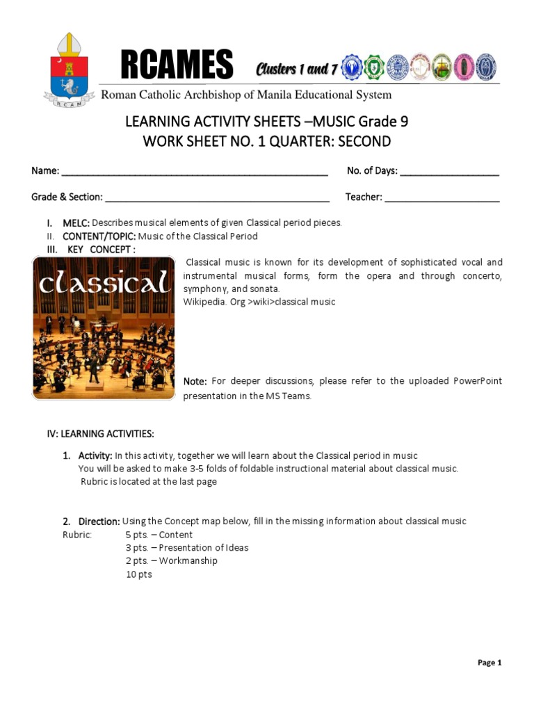 Rcames Learning Activity Sheets Music Grade 9 Work Sheet No. 1