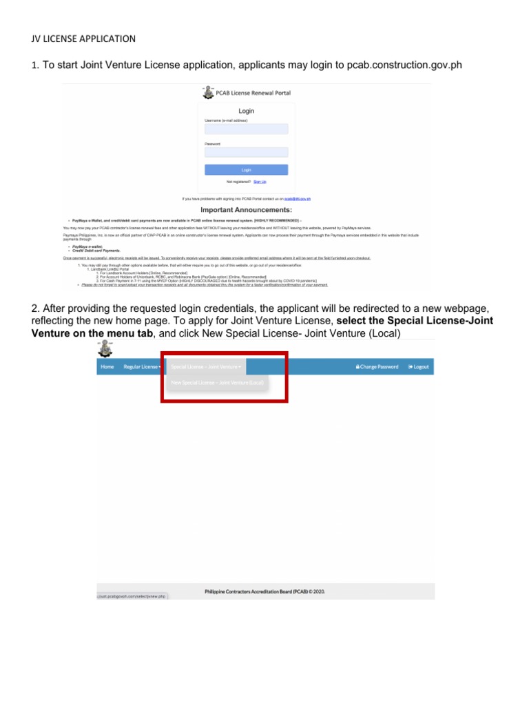 PCAB JV Application Guide | PDF | Joint Venture | Payments