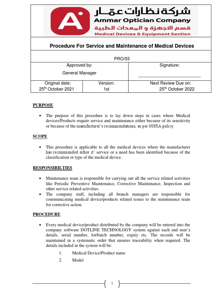 Procedure For Service and Maintenance - AOC | PDF | Medical Device ...