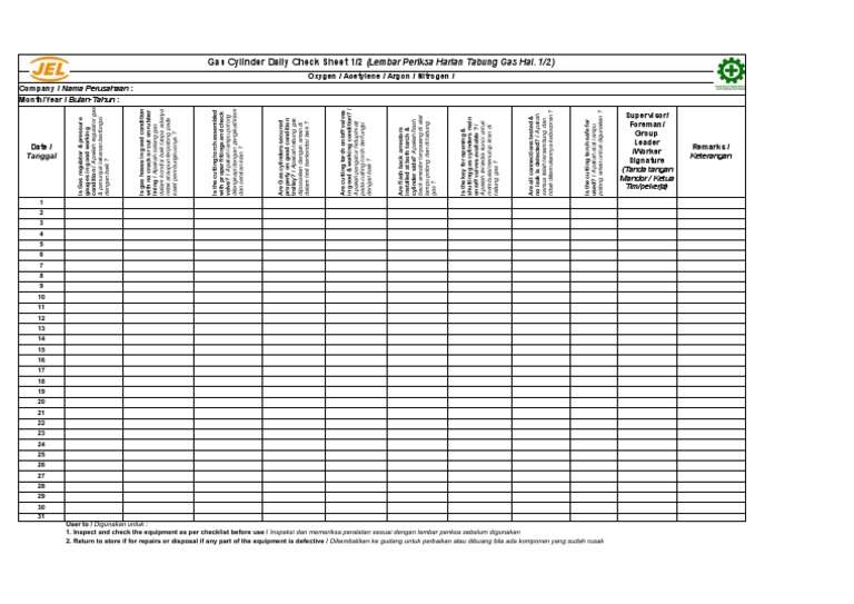 Gas Cylinder Checklist Sheet 1 of 2 Translated | PDF