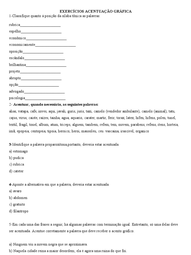Exercícios Acentuação Gráfica | PDF