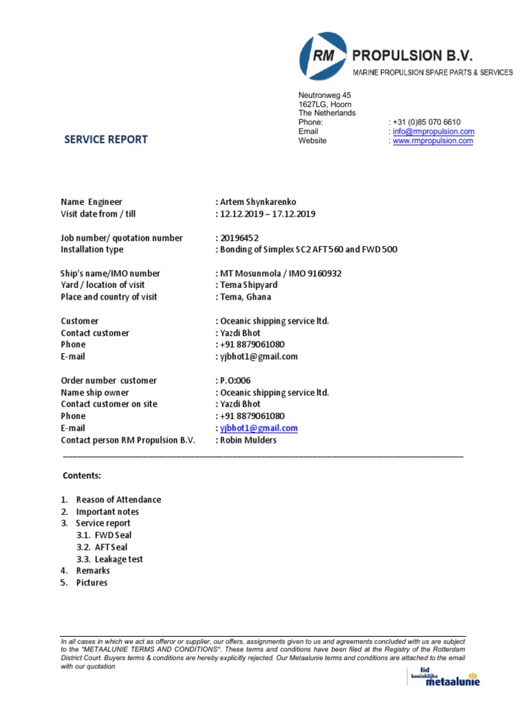 Stern Tube Seal Repair Report for MT Mosunmola | PDF | Offer And ...