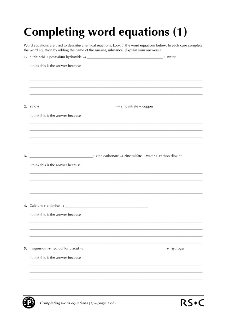 Completing Chemical Word Equations Guide | PDF | Salt (Chemistry ...