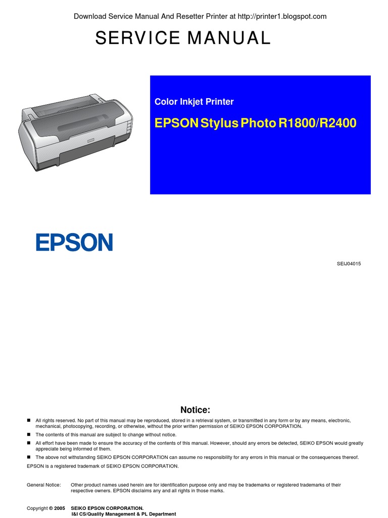 Service Manual: EPSON Stylus Photo R1800/R2400 | PDF