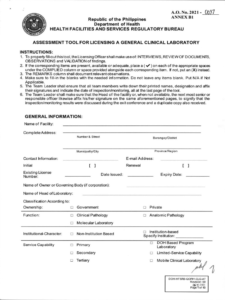 DOH Clinical Laboratory Licensing Tool | PDF | Pathology | Refrigerator