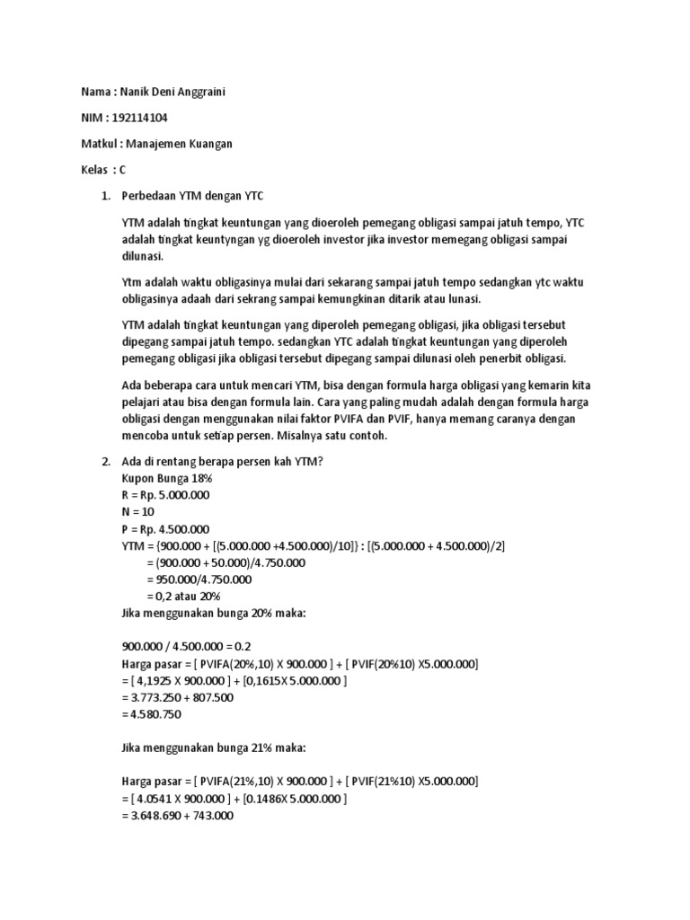 Perbandingan YTM dan YTC Obligasi | PDF
