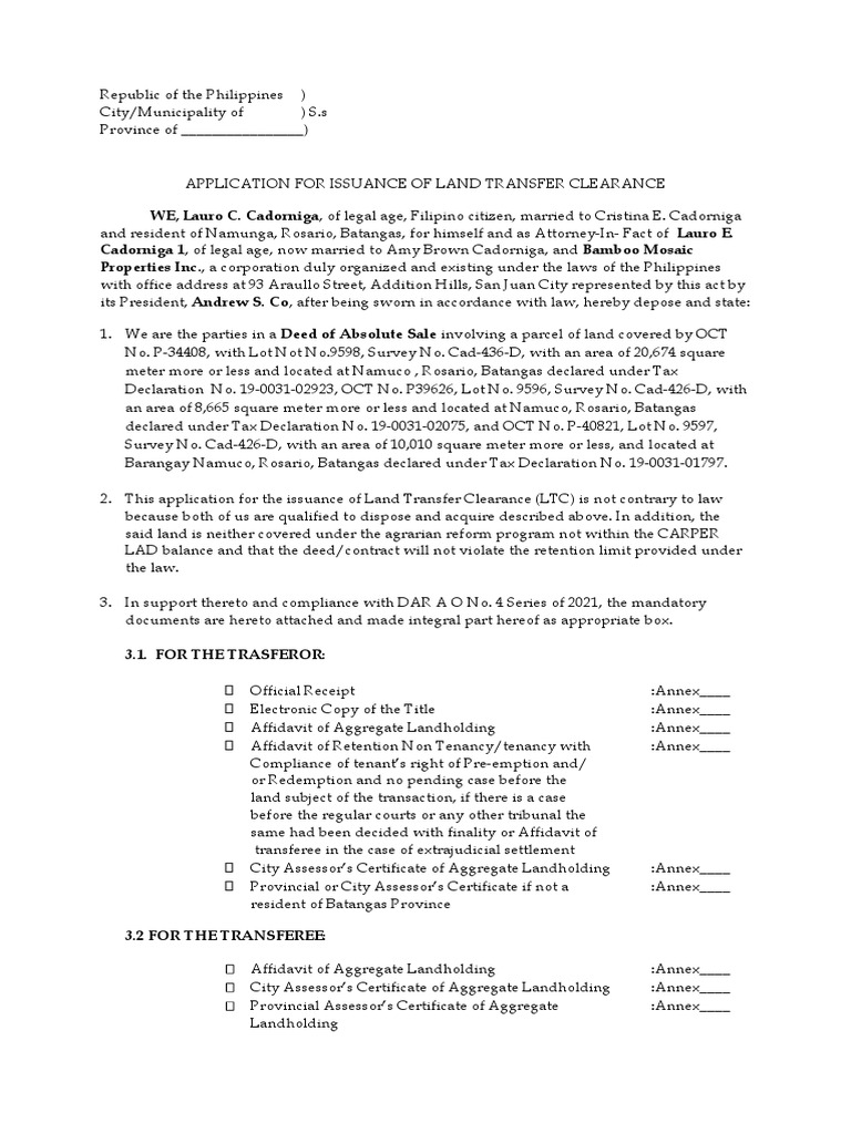 Application For Issuance of Land Transfer Clearance PDF Common Law