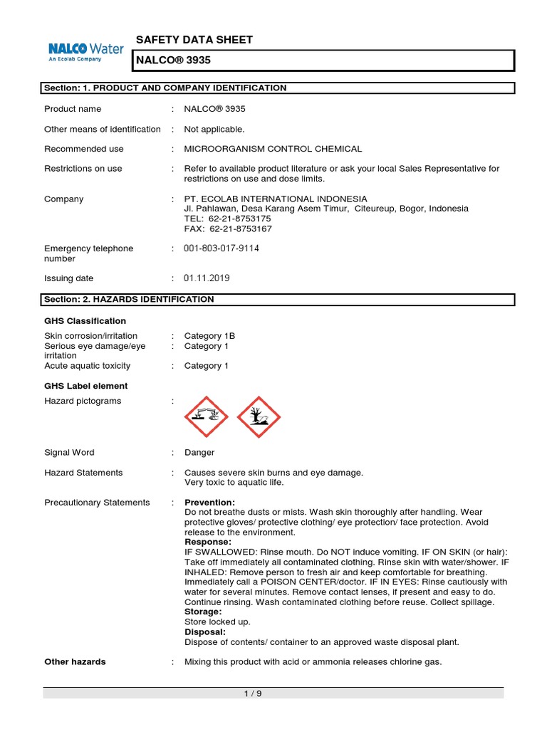 MSDS Nalco 3935 | PDF | Toxicity | Dangerous Goods