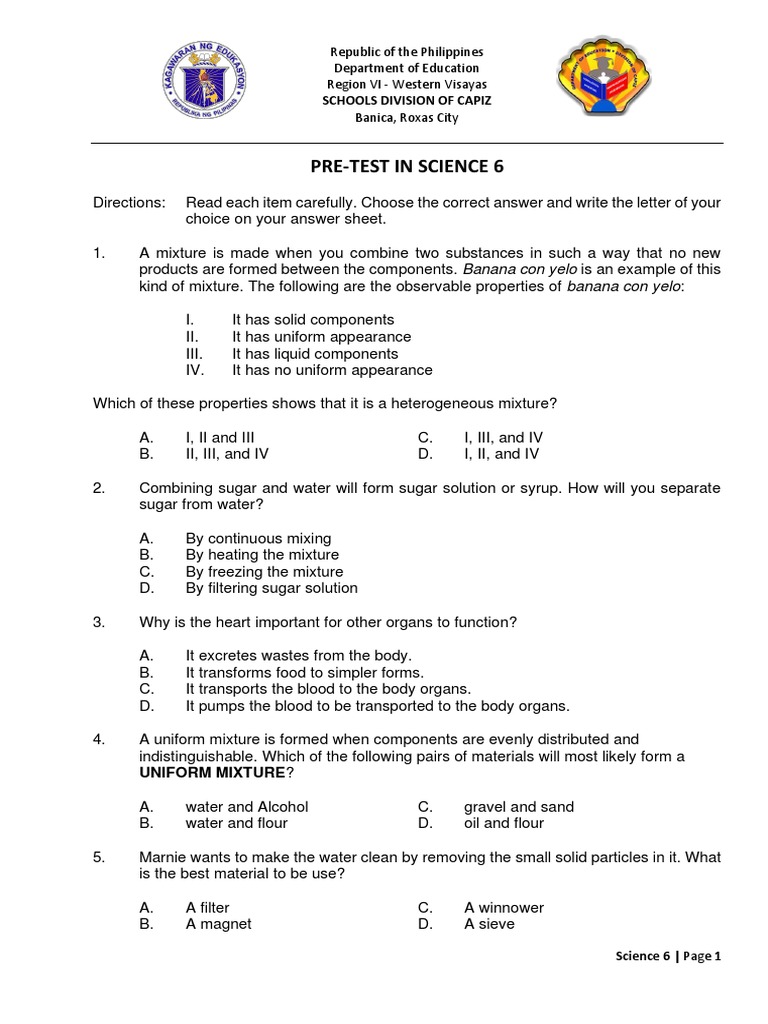 Pre-Test in Science 6: Schools Division of Capiz | PDF | Planets ...