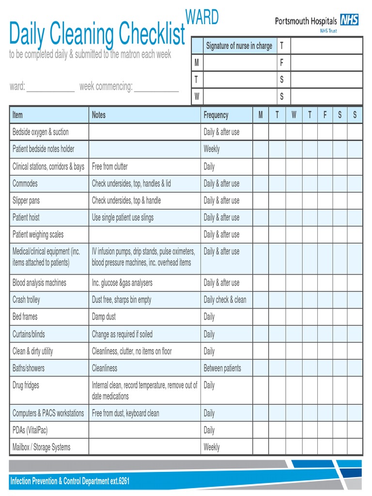 Daily Hospital Cleaning Checklist | PDF | Medicine | Medical Specialties