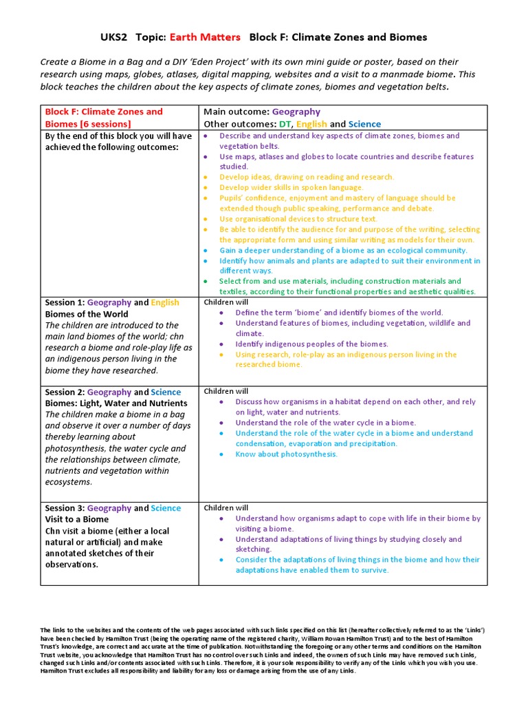 UKS2 Topic Block F Climate Zones and Biomes Earth Matters PDF