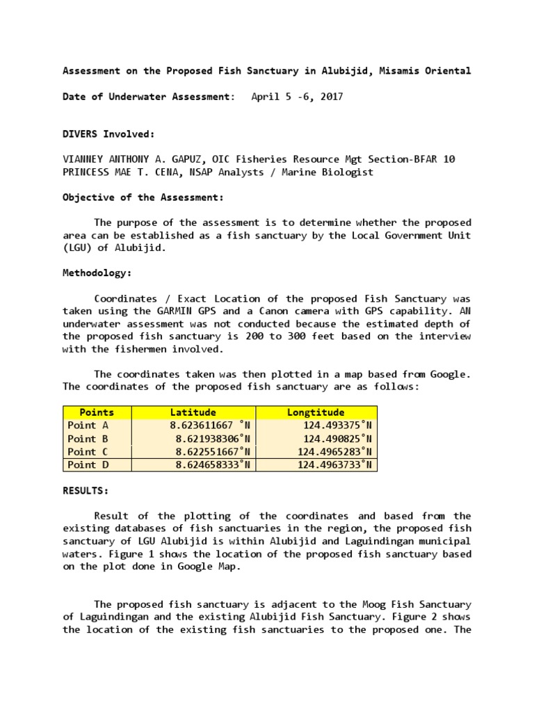 Alubijid Proposed Fish Sanctuary Assessment | PDF | Fish | Fish And Humans