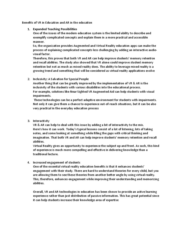 Benefits of AR and VR | PDF | Augmented Reality | Virtual Reality