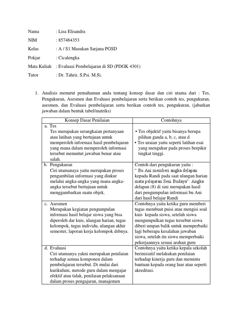 Contoh Evaluasi Pembelajaran SD | PDF | Karier & Perkembangan