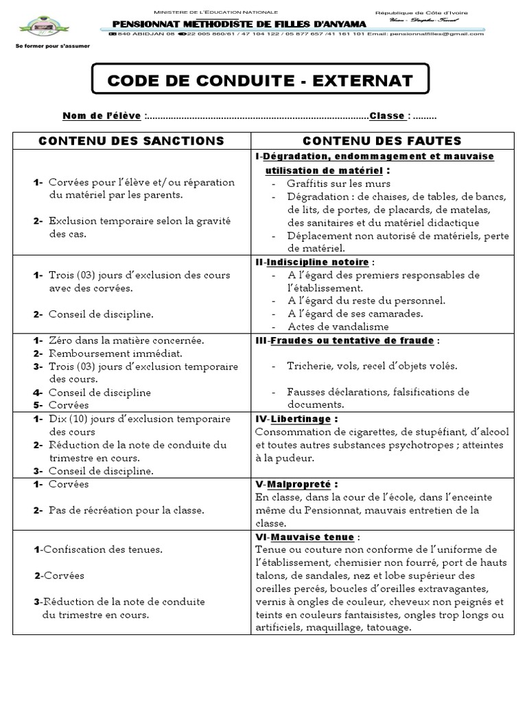 Code de conduite et sanctions scolaires | PDF