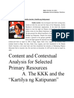 Content and Contextual Analysis For Selected Primary Resources A. The KKK and The "Kartilya NG Katipunan"