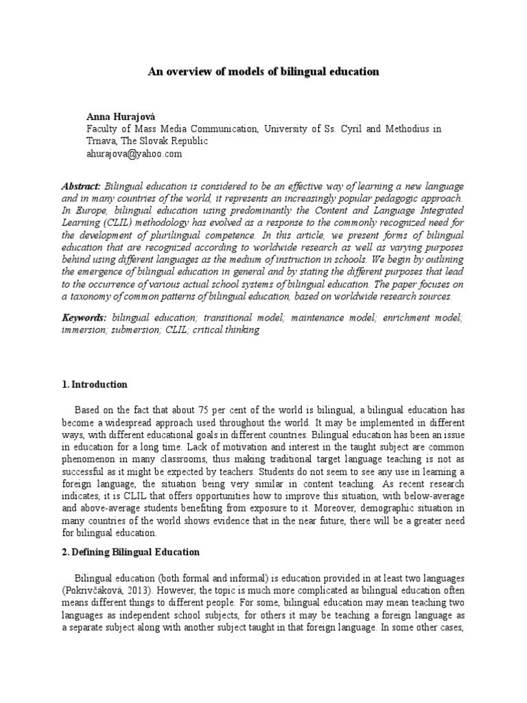 An Overview of Models of Bilingual Education: Anna Hurajová | PDF ...