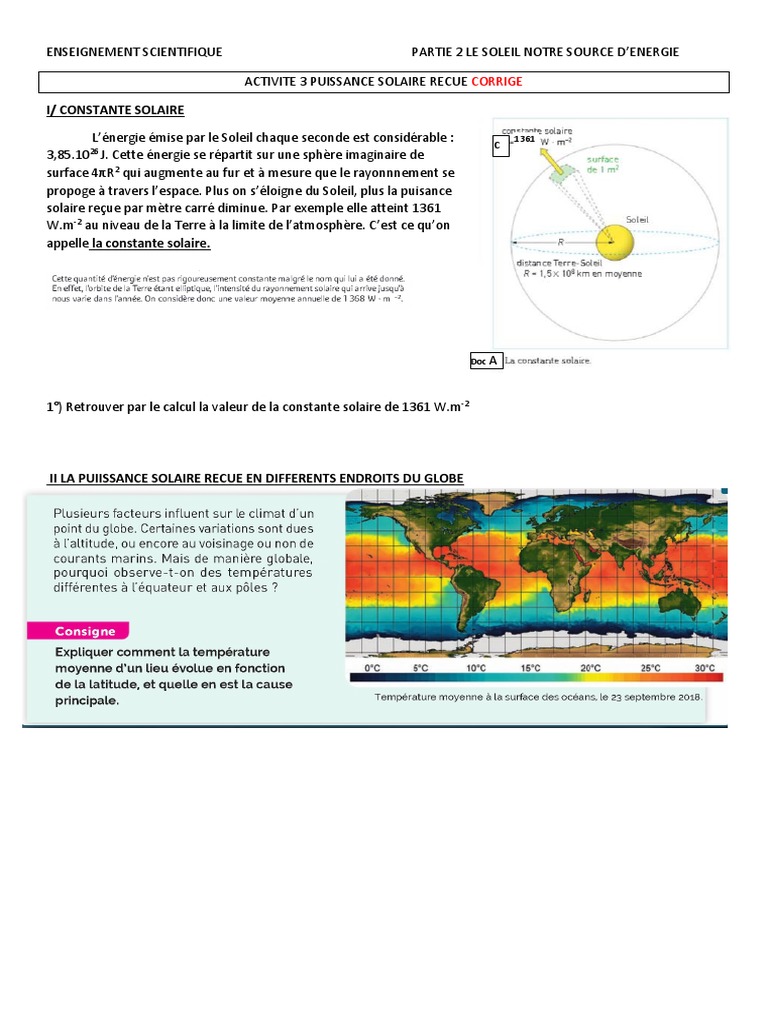 Le Rayonnement Solaire Enseignement Scientifique Corrigé RAYONNEMENT PERCU Corrigé | PDF | Soleil | Terre