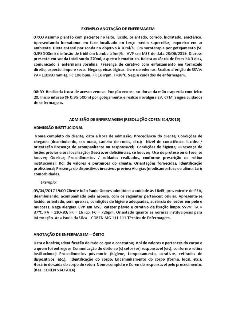 Exemplo Anotação de Enfermagem | PDF | Enfermagem | Especialidades médicas