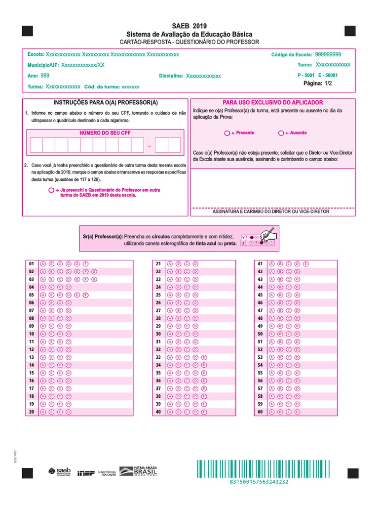 Cartao Resposta Professor Saeb 2019 | PDF | Implementos de escrita