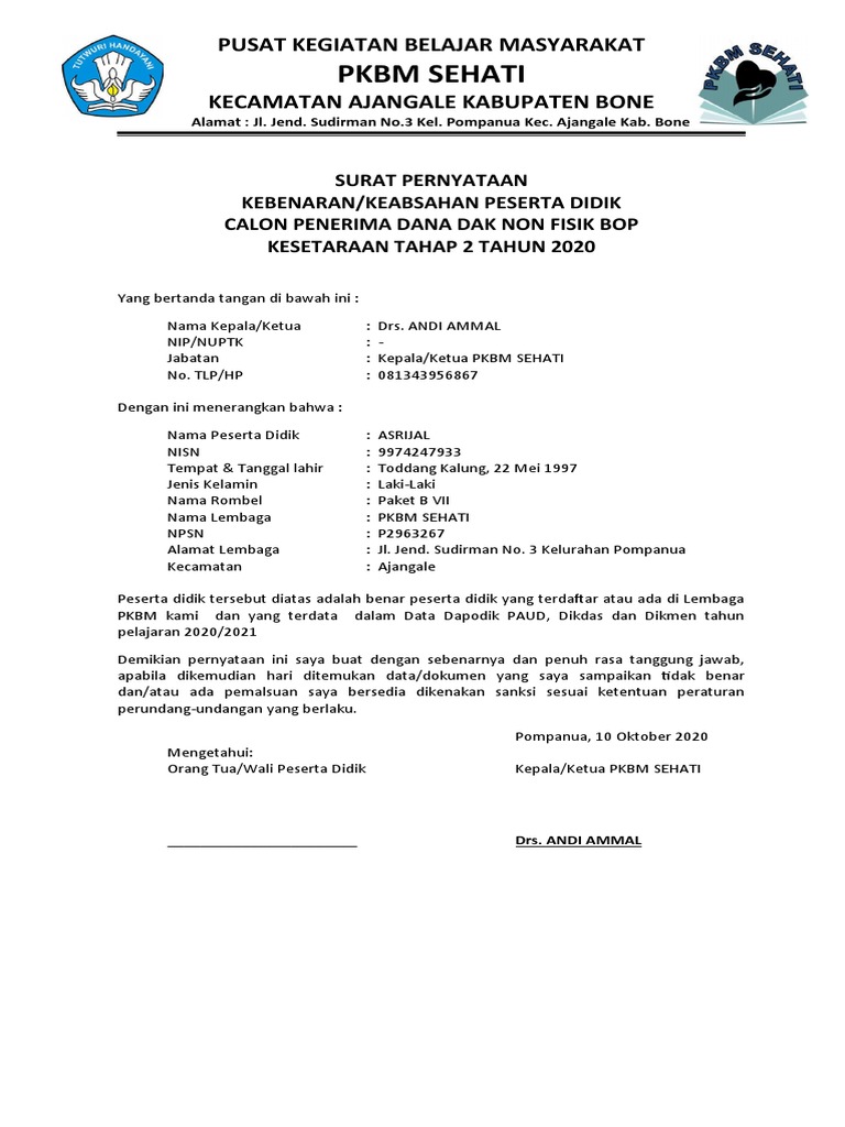 Surat Pernyataan Peserta Didik | PDF