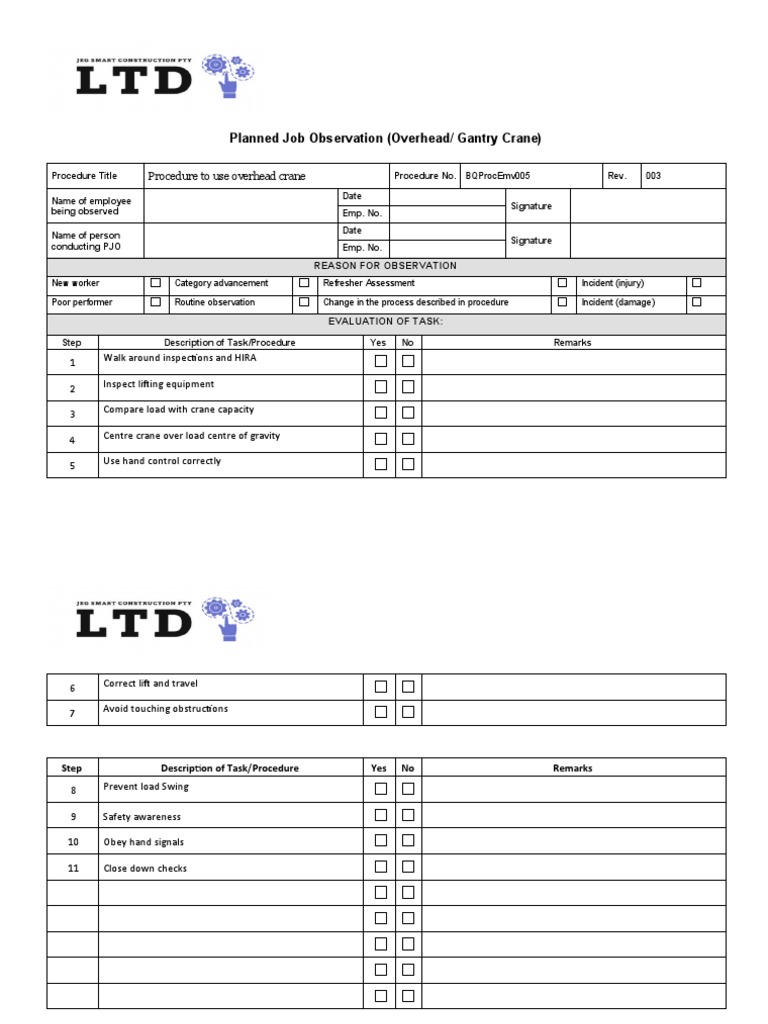 Planned Job Observation for Crane Use | PDF | Crane (Machine) | Safety