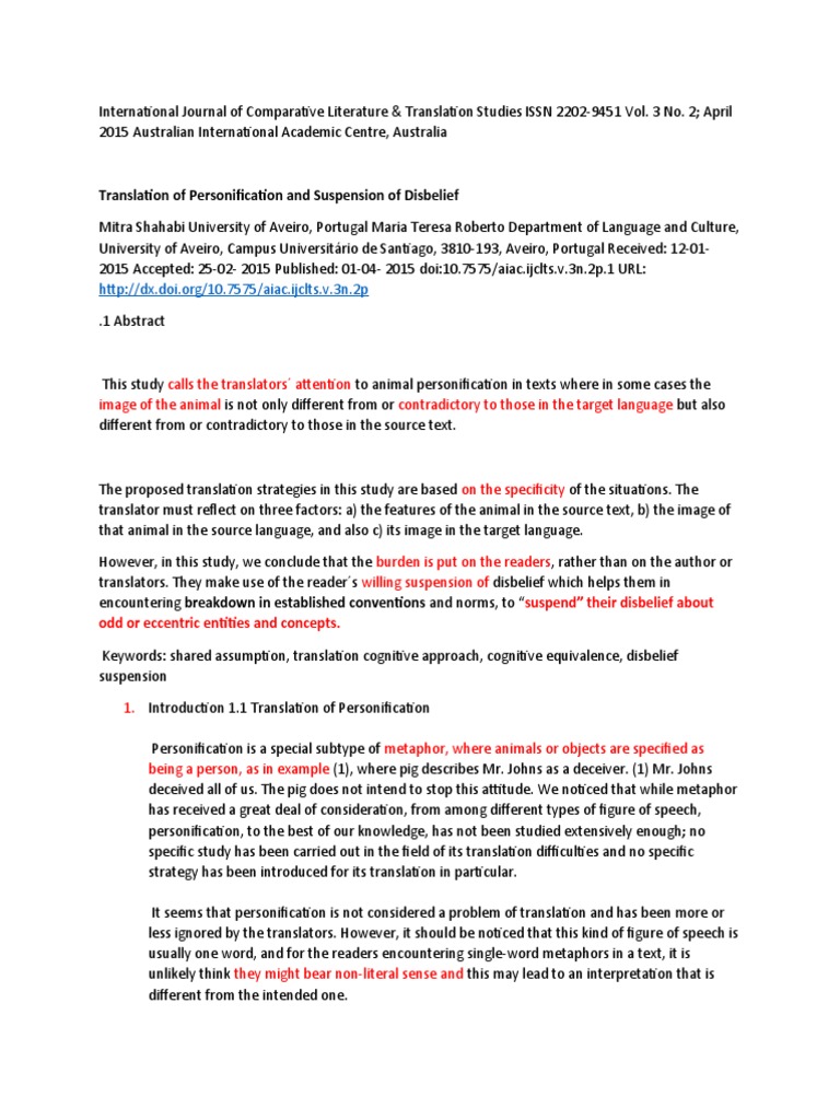Translation of Personification and Suspension of Disbelief Download