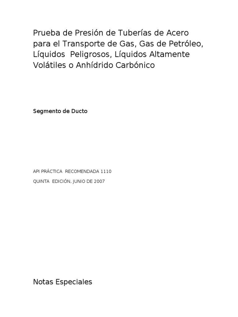 API 1110 Prueba de Presion Traduccion | PDF | Tubería (transporte de ...