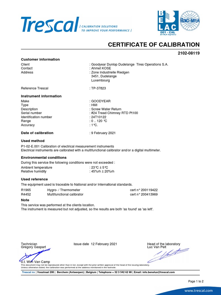 Calibration Certificate for a Screw Water Return Temperature Sensor at