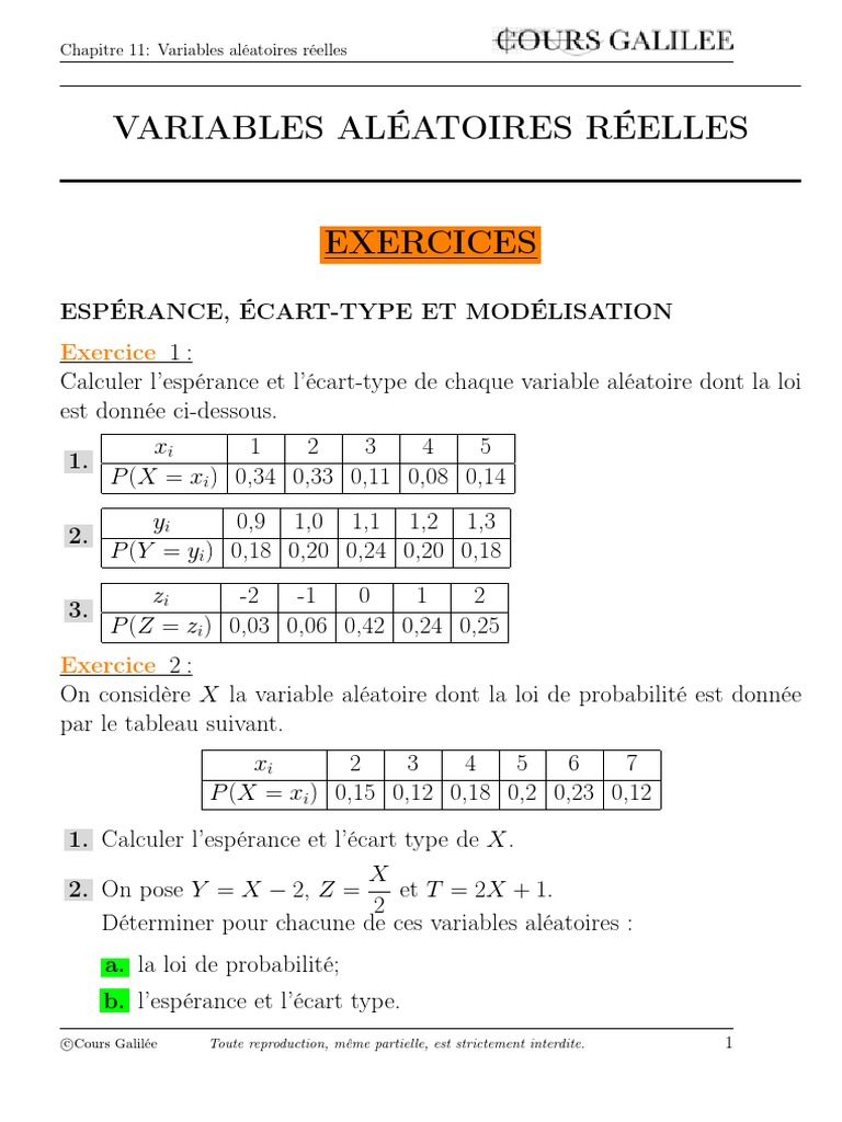 Variables aléatoires : exercices et calculs | PDF | Espérance ...