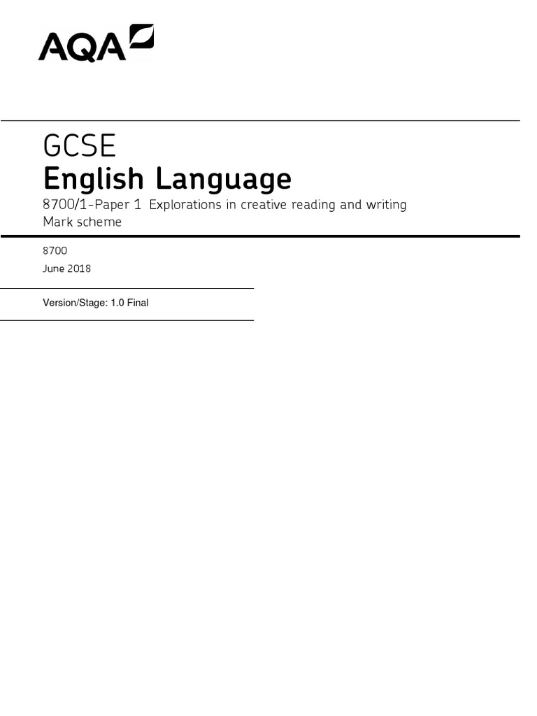 English Language 8700/1Paper 1 Explorations in Creative Reading and Writing Mark Scheme PDF