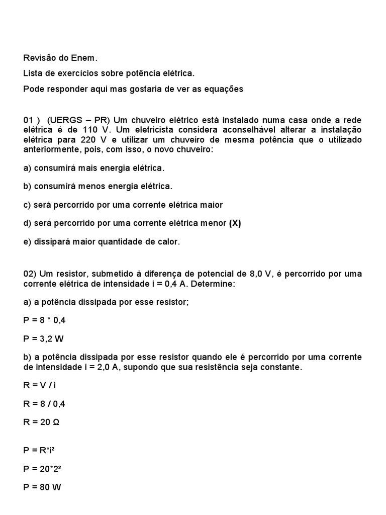 Lista de Exercícios Sobre Potência Elétrica | PDF | Chuveiro | Potência ...