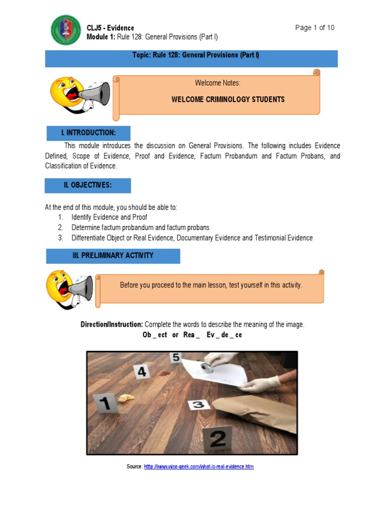 CLJ5 Module1 | PDF | Evidence (Law) | Evidence