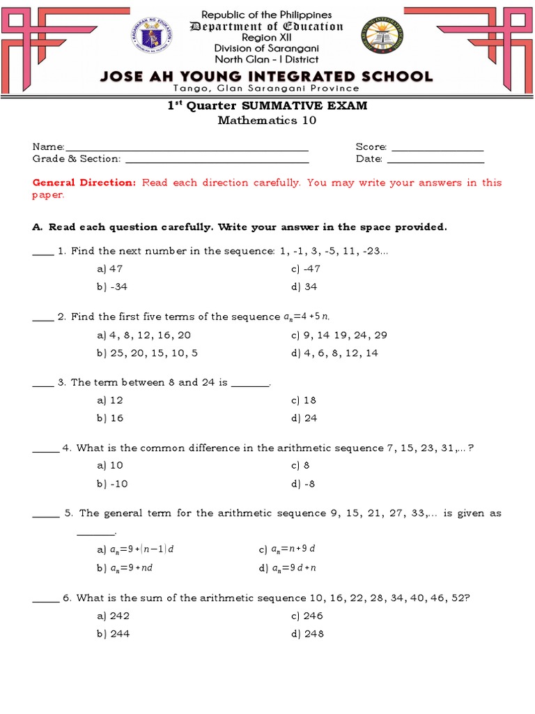 Math 10 1st Quarter Exam Questions | PDF | Factorization | Arithmetic